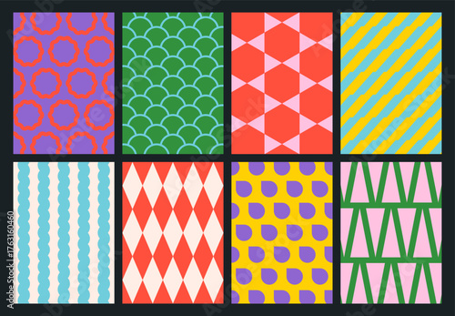 Set of colorful geometric backgrounds. Minimal bright posters in modern style. Abstract trendy design with simple shapes for print, card, cover, wallpaper, brochure, banner, social media, flyer