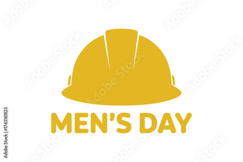 A yellow hard hat with the words MEN'S DAY below it.