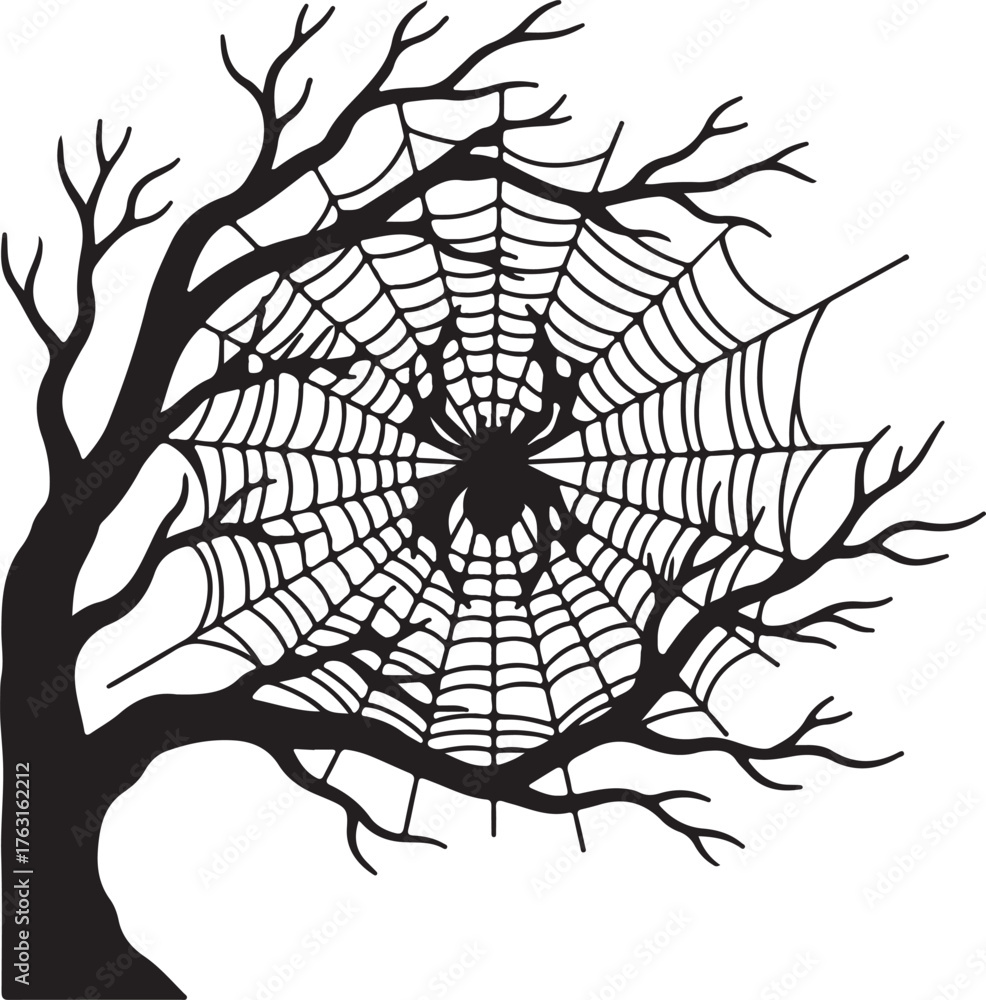 Obraz premium Creepy arachnid silhouette with a detailed spiderweb spun on a leafless, spooky tree, an iconic Halloween design element