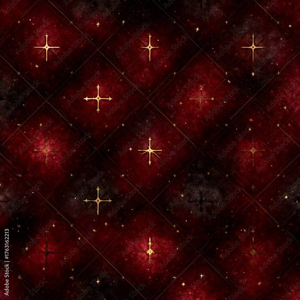 Naklejka premium Luxurious deep red velvet texture with golden stars and celestial design evokes a sense of opulence and cosmic wonder for creative projects.