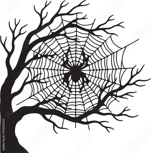 Creepy arachnid silhouette with a detailed spiderweb spun on a leafless, spooky tree, an iconic Halloween design element