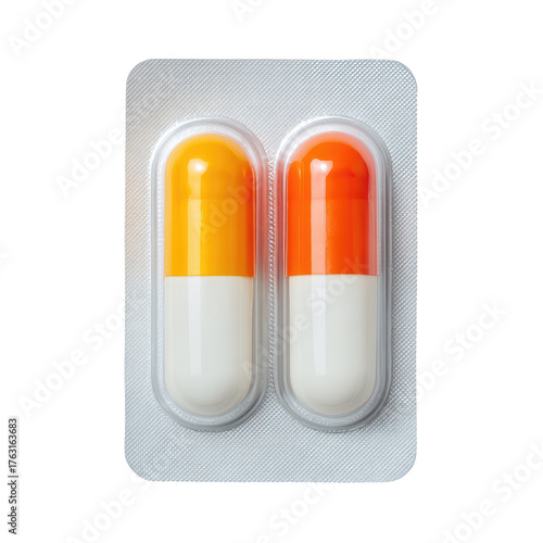 Two-capsule blister pack with a yellow/white and an orange/white pill visible