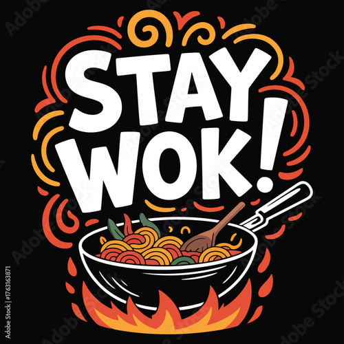 Stylized illustration of wok cooking with noodles and flames food
