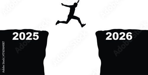 Man jumping from 2025 to 2026, taking a leap of faith into future