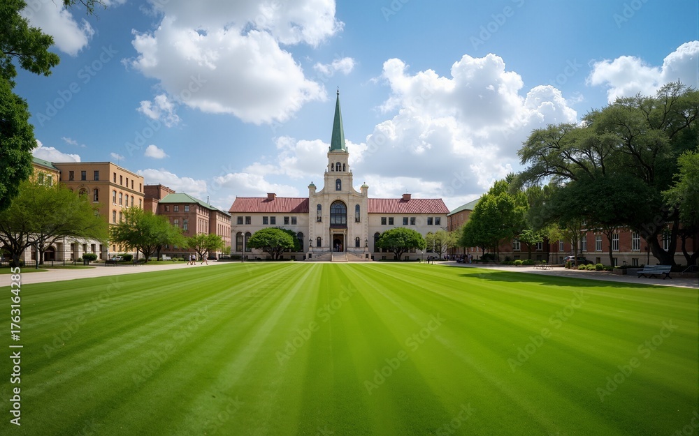 Fototapeta premium Grassy campus quad courtyard with several historic buildings in background, large meadow front yard college green space under sunny summer cloud blue sky in Texas, education, landscaping concept
