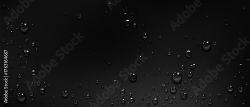 Water drops on smooth black surface. Vector realistic illustration of dark glass background with transparent liquid droplets, light reflection in aqua bubbles on wet window, moisture splash texture
