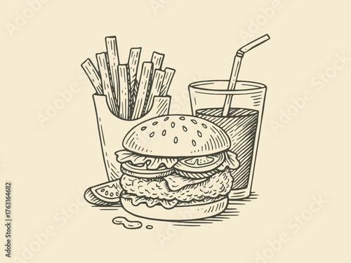 Burger fries and soda engraving style vector illustration