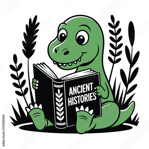 Green dinosaur reading ancient histories book surrounded by plants vector