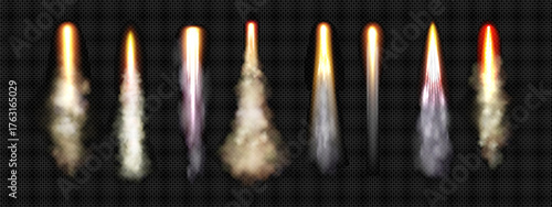Glowing rocket flames with fire trails and jet exhaust streams for spaceship launch or propulsion effect. Orange plasma thrust with smoke plumes and bright energy beams. Spacecraft engine elements.