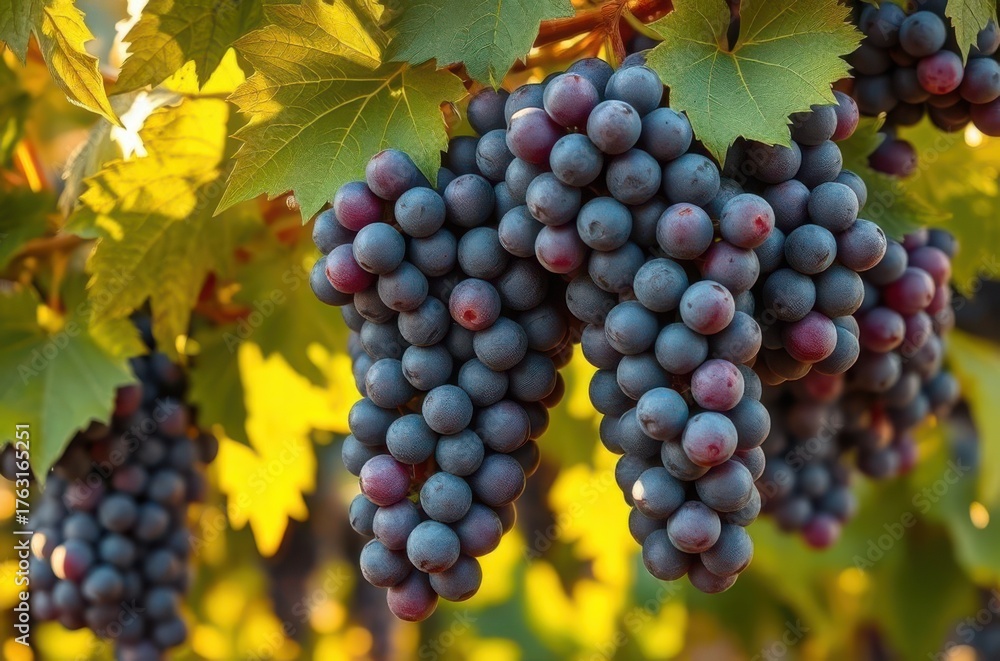 Fototapeta premium Frontal view showing ripe violet grapes with a natural bloom, dense bunches hanging among fresh leaves under warm late-afternoon sunlight. Generative AI