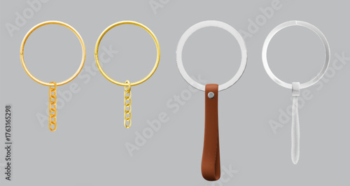 Golden keychain rings with chains and silver circles with leather or rope holders for keys and accessories. Brass metal loops with strap and cord attachment. Promotional gift blanks for customization.