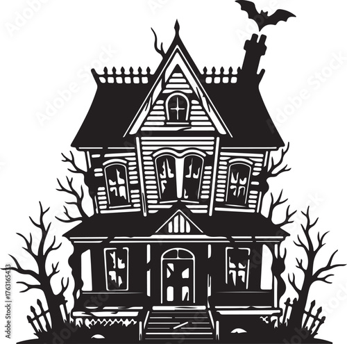 Spooky Haunted House Vector Illustration with Creepy Mansion, Bare Trees, and Flying Bat - Perfect for Halloween Decorations and Eerie Designs