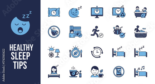 Graphic illustration of various healthy sleep tips icons on a white background