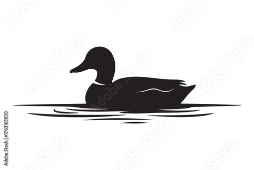 Cute cartoon duck, duck and ducklings silhouette vector icon swimming in the lake