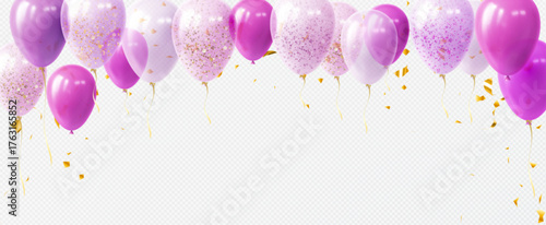 Air balloon and golden confetti frame on transparent background. Vector realistic illustration of pink and purple balls with sparkling confetti, decoration for birthday card or anniversary banner