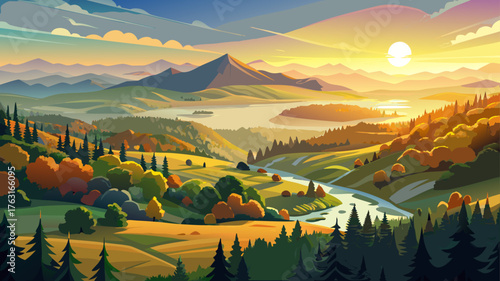 Very beautiful sunrise aerial view of Hobbs State Park–Conservation Area in Arkansas, revealing rolling forested hills, misty valleys, and golden light illuminating the serene natural landscape.