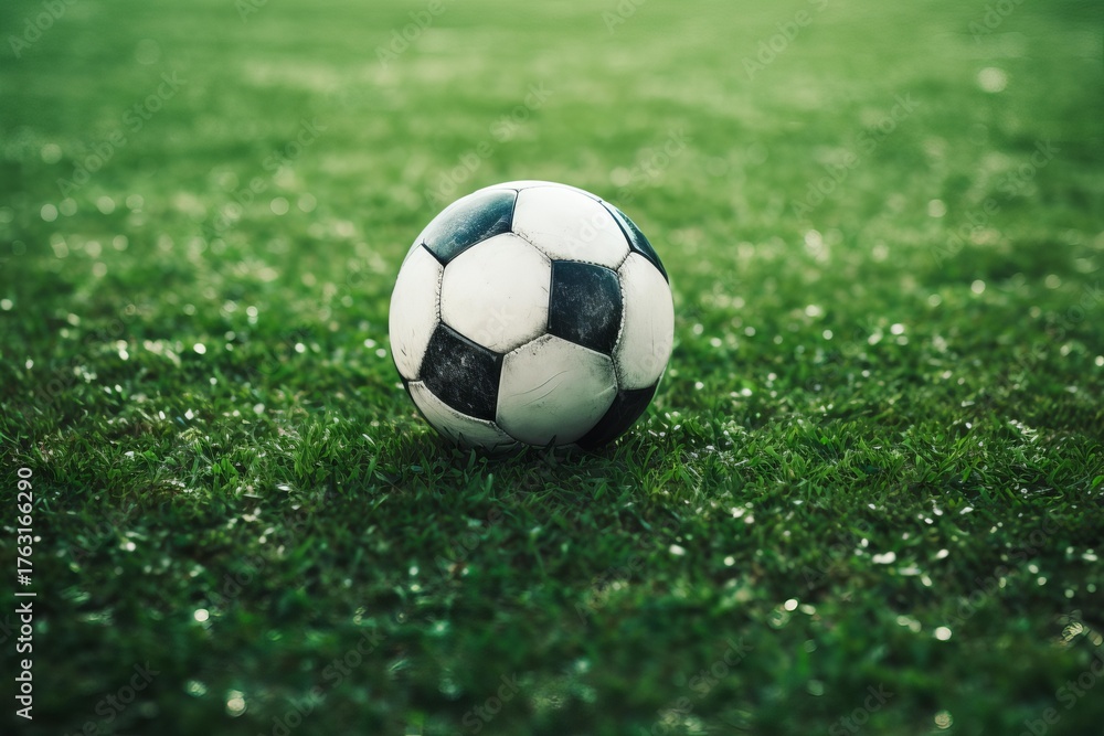 Fototapeta premium Worn soccer ball resting on a vibrant green playing field, ready for the next match