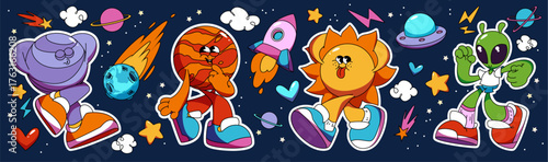 Funky planet character stickers with retro groovy mascots on dark blue cosmic background. Purple globe and Mars, cheerful sun and green alien space creature in sneakers among stars, rockets and UFOs