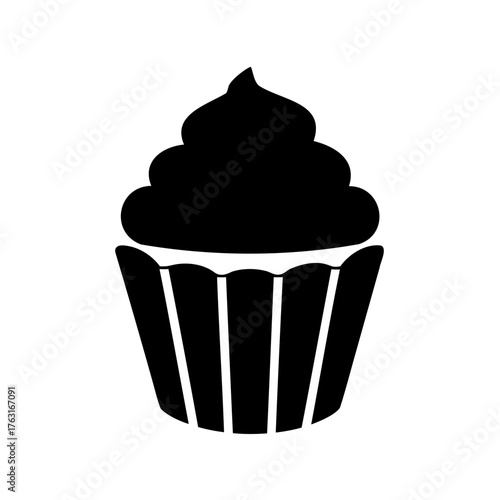Black and white cupcake illustration with decorative wrapper and cream topping