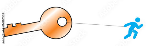 Vector illustration of a person pulling a key to achieve success. Hard worker concept.