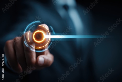 Future Technology Touchscreen Interface Activation Innovation: Business Person Taps Futuristic Target Graphic Projecting Data Flow and Digital Network Connection Point of Contact in Cyber Technology