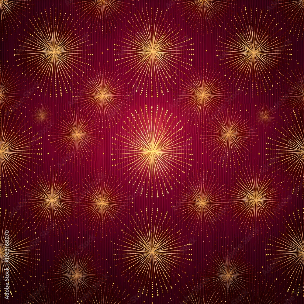 Fototapeta premium Elegant golden starburst patterns radiate against a textured crimson background creating a luxurious and festive abstract design aesthetic perfectly.