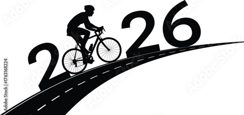 Silhouette of a cyclist riding up a road with year 2026, symbolizes progress, challenge, and future goals
