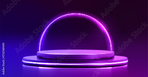Round 3d podium with neon blue and purple backlight. Vector realistic illustration of two-tier stage for product presentation with bright shining semicircle on background, award ceremony pedestal
