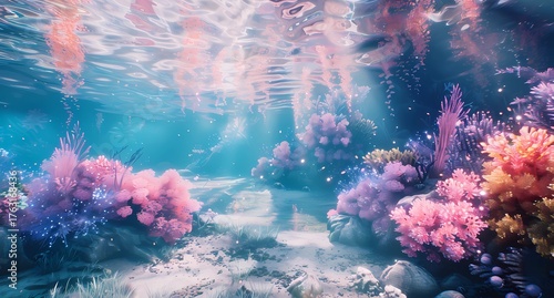 coral reef under the water and sun light reflection