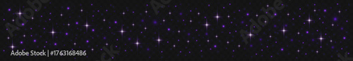 Purple galaxy stars with particle dots and glitter sparkles on black background for cosmic design. Bright flares with shimmering lights and space dust. Night sky decoration overlay with magical glow.
