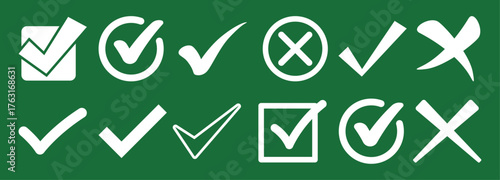 Collection of White Checkmarks and Crosses on a Green Background