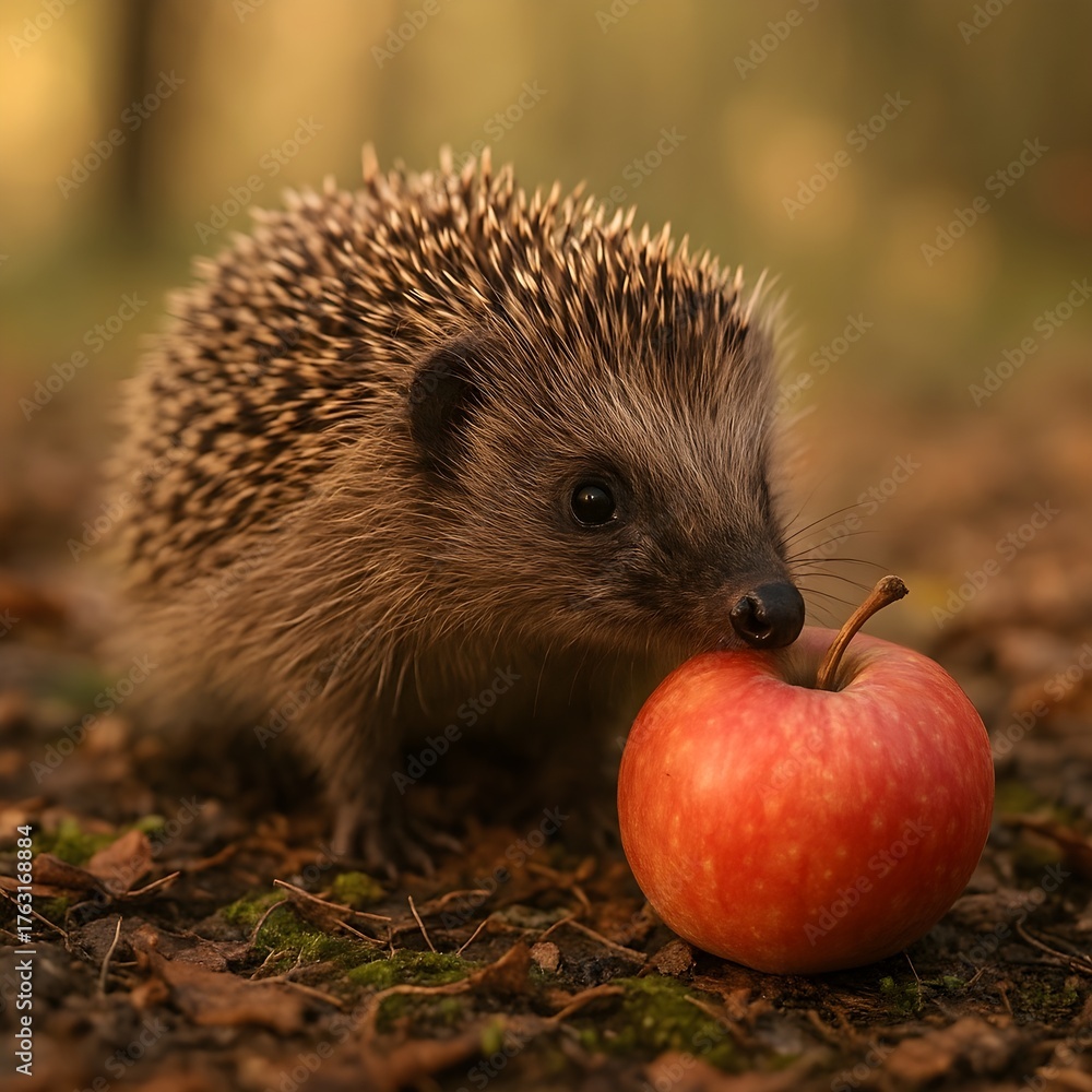 Fototapeta premium Cute Hedgehog Sniffing Red Apple in Autumn Forest