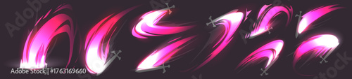 Medieval sword attack effects set isolated on black background. Vector cartoon illustration of ancient knife fight with neon pink slash light, game ui vfx design, weapon blade impact trail animation