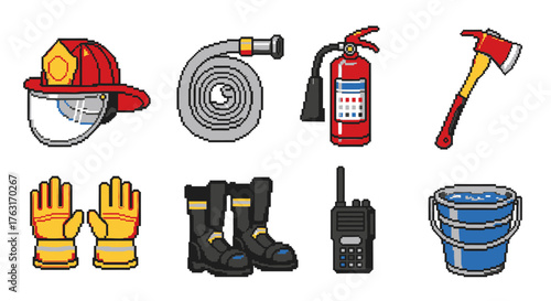 Firefighter and emergency response equipment collection illustrated in a retro pixel art video game style