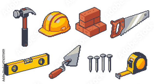 Construction Tools and Building Material Pixel Art Icon Set