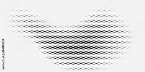 Hexagon halftone gradient texture. Abstract black grunge background. Geometric retro halftone tech overlay. Fading wavy hexagonal pattern backdrop. Vector vanishing honeycomb grunge bitmap wallpaper