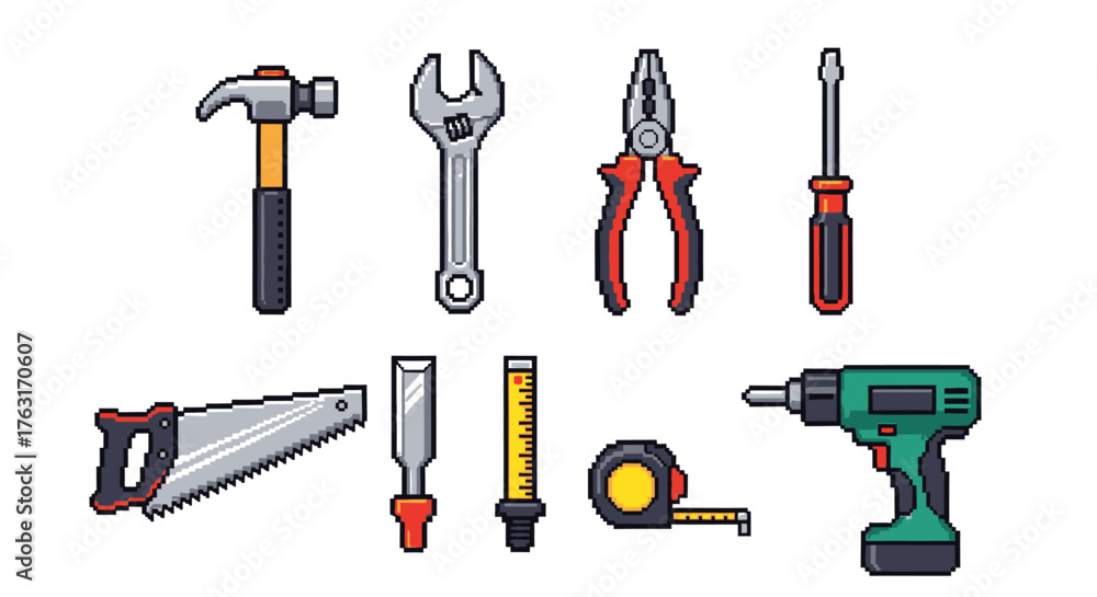 Fototapeta premium Pixel art icon set of various workshop tools for construction and do-it-yourself projects. Includes hand and power tools for building and maintenance