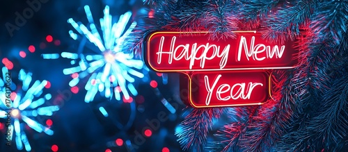 Happy New Year in neon lights on a fireworks background