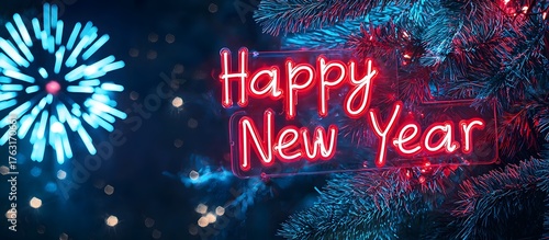 Happy New Year in neon lights on a fireworks background
