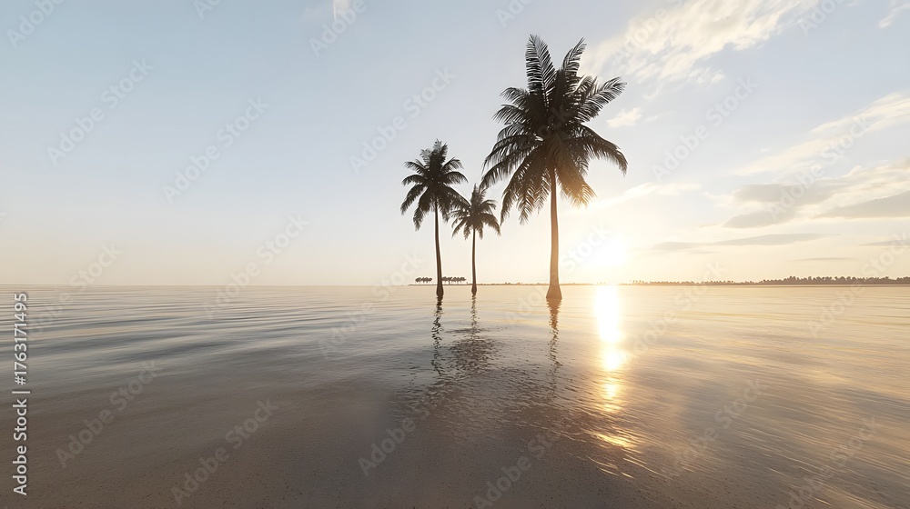 Fototapeta premium Tranquil Sunset Over Water with Silhouetted Palm Trees on the Horizon