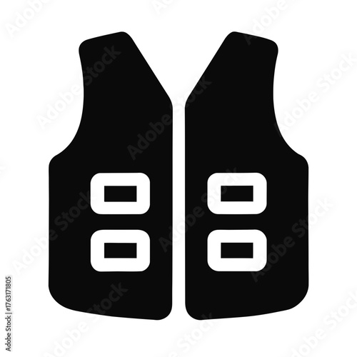 Black life jacket safety vest icon with buckles isolated on white background