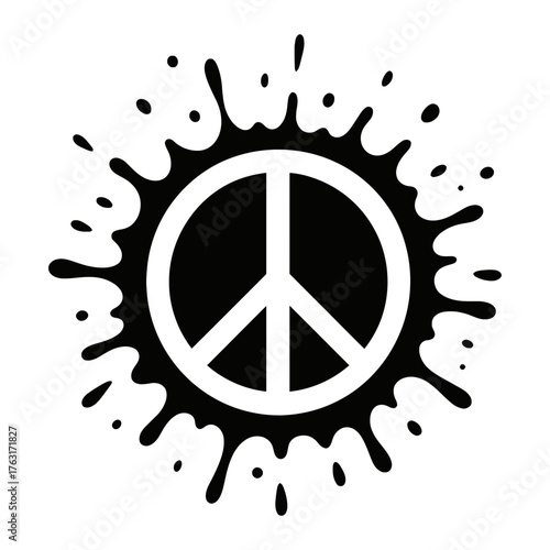 Black peace symbol inside paint splatter on white background, protest icon