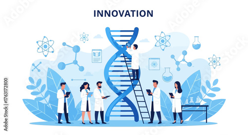 Flat illustration of scientists working around a large DNA helix with various scientific symbols and blue foliage in the background.