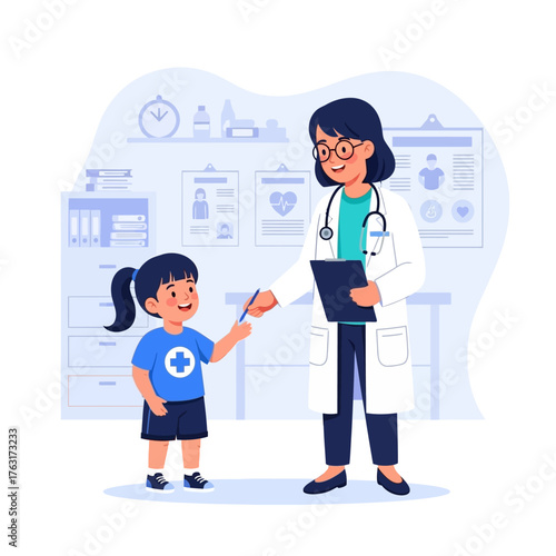 A female doctor and a young girl interact with a clipboard in a medical office setting with a calm mood.