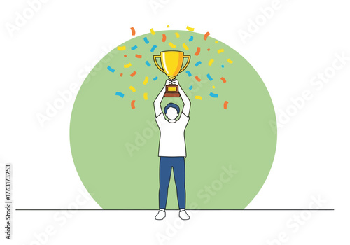 A flat minimalist vector illustration of a young adult raising a trophy for a sports victory, celebrations and achievements theme.