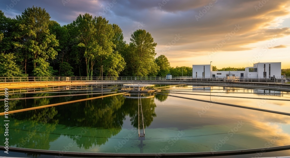 Obraz premium Water treatment plant with large basins and modern building under a beautiful sunset sky