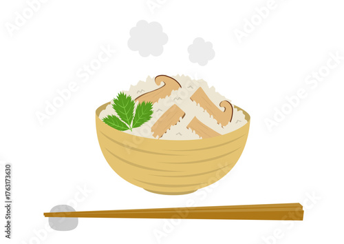 茶碗に盛られた暖かい松茸ご飯と箸のイラスト
