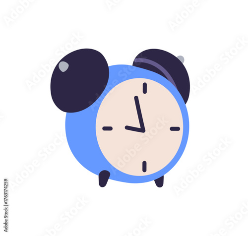 Classic alarm clock with noisy bells and round dial. Retro vintage style time accessory for morning wakeup. Old watch with ticking arrow. Flat vector illustration isolated on white background