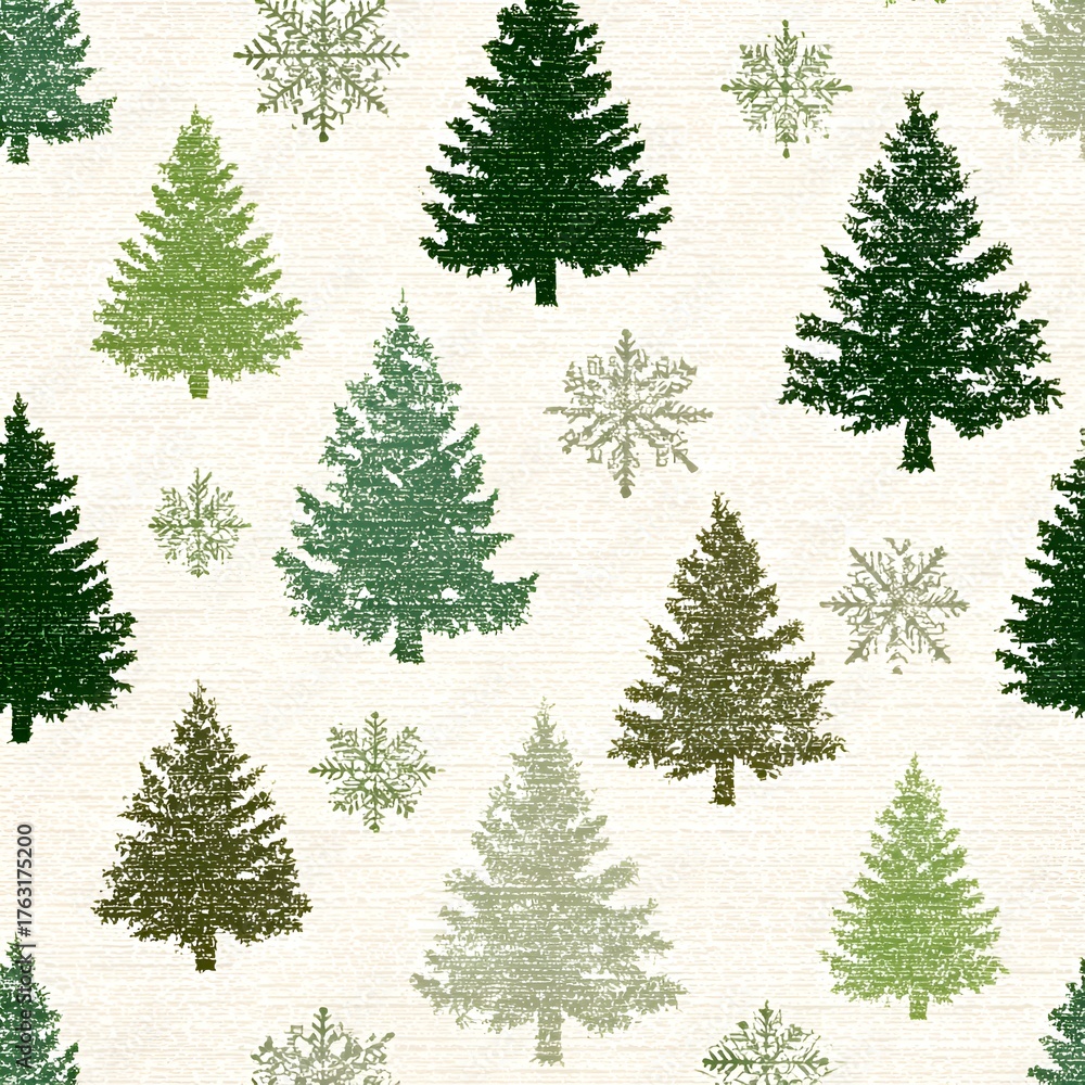 Obraz premium A festive holiday pattern features green Christmas trees and snowflakes against a textured cream background perfect for seasonal designs.
