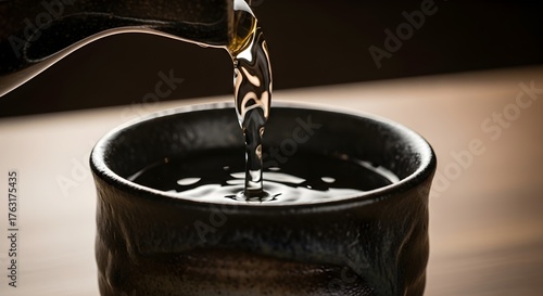 Sake Pouring into a Ceramic Cup Close Up